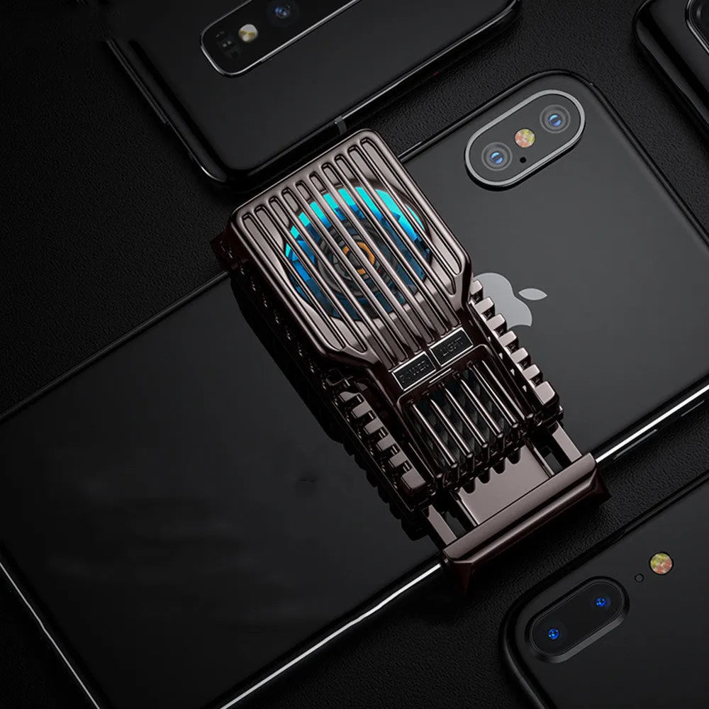 Black mobile phone cooling fan with clip attached to a smartphone, showing aluminium alloy heatsink fins.