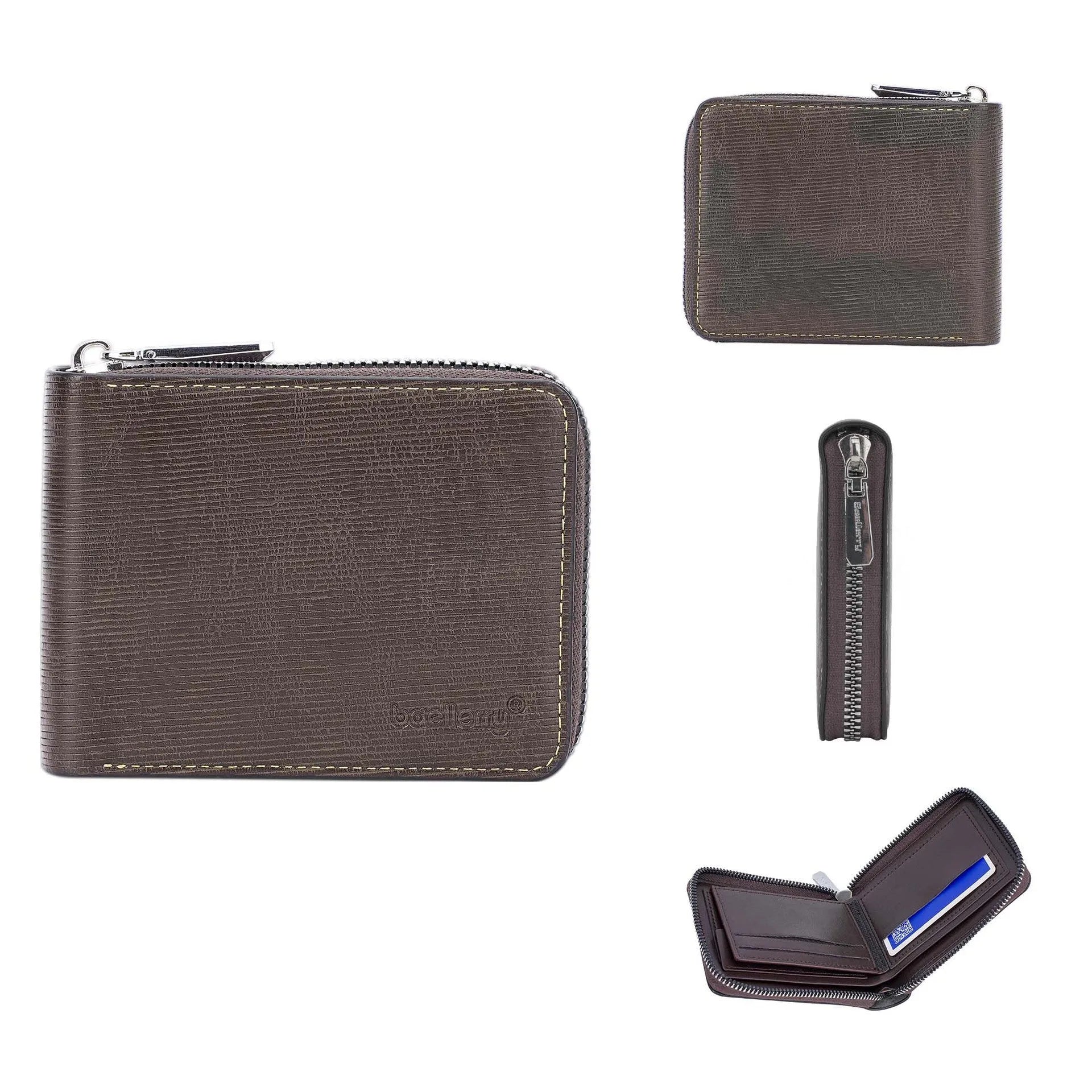 Black embossed PU leather zip wallet showing credit card slots and anti-theft zipper closure