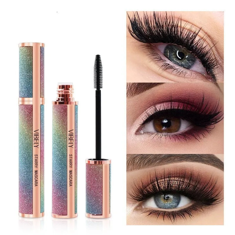Black waterproof mascara with wand for long thick curling eyelashes in English packaging