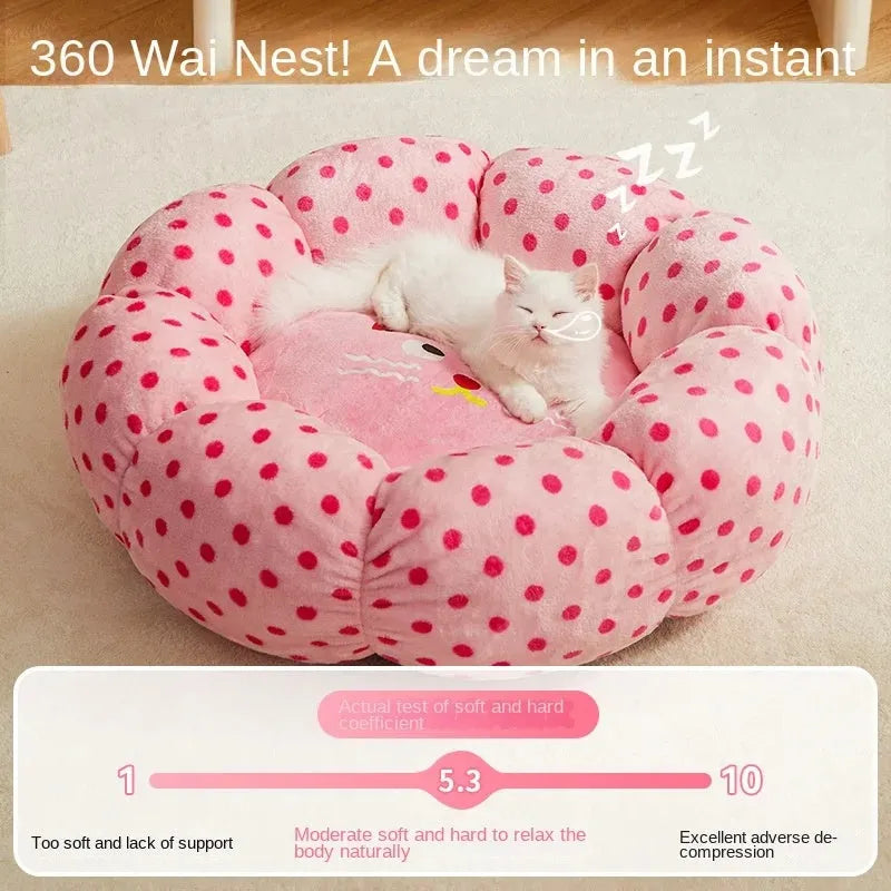 Pink dot patterned fabric cat bed shown in two sizes: 45cm and 65cm diameter.