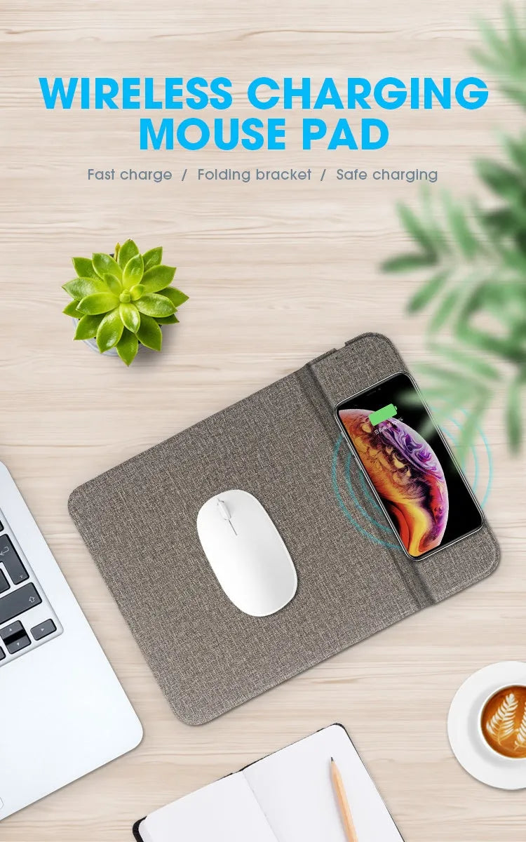 Foldable cloth phone stand with integrated 10W Qi wireless charging pad.