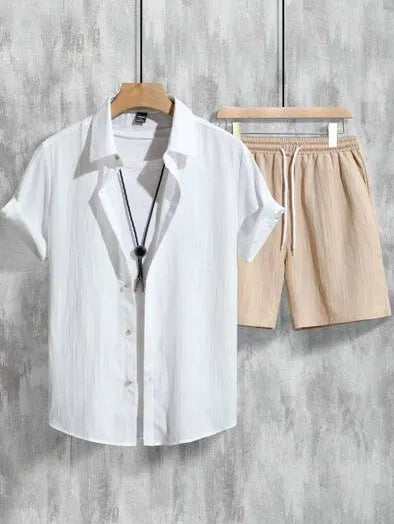Men's 3D printed Hawaiian short sleeve shirt and shorts set in picture color with elastic polyester fabric