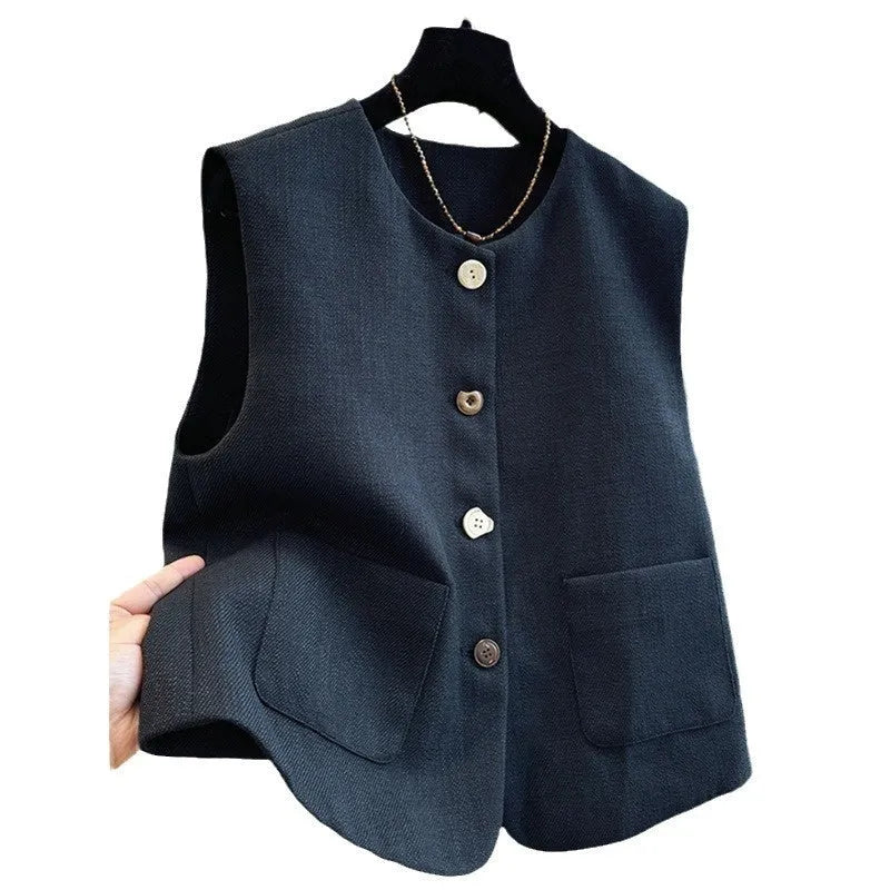 French style round neck bandage vest for women in polyester fabric, available in milky white or black