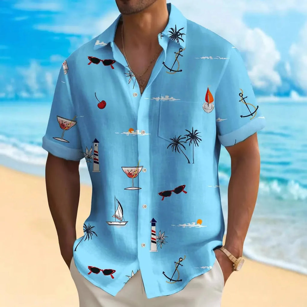Men's loose fit short sleeve Hawaiian shirt with a colourful digital print pattern on polyester fabric.