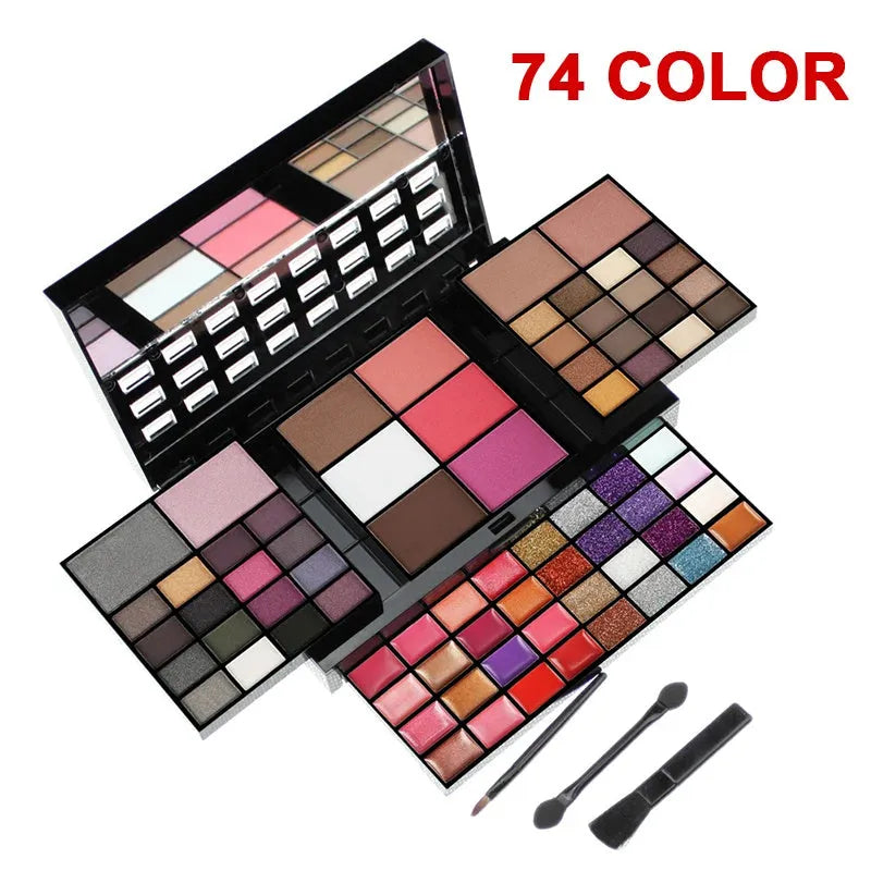 74 colour makeup palette with eyeshadows, lip glosses, brushes in plastic case
