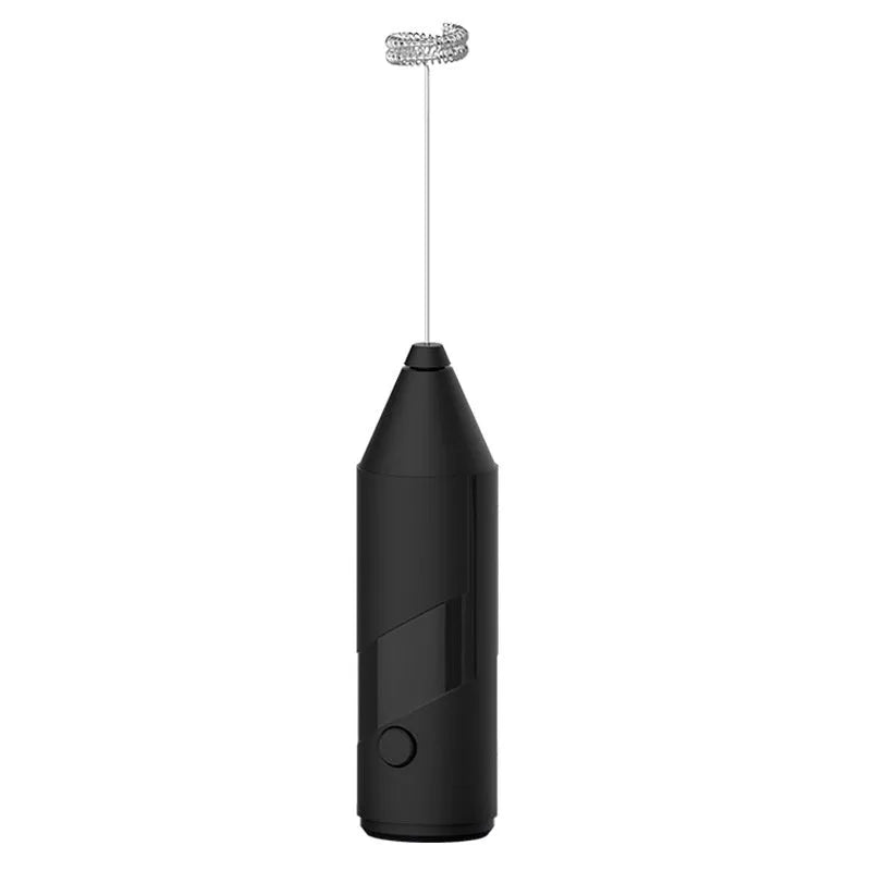 Black handheld electric milk frother with stainless steel whisk and USB charging port
