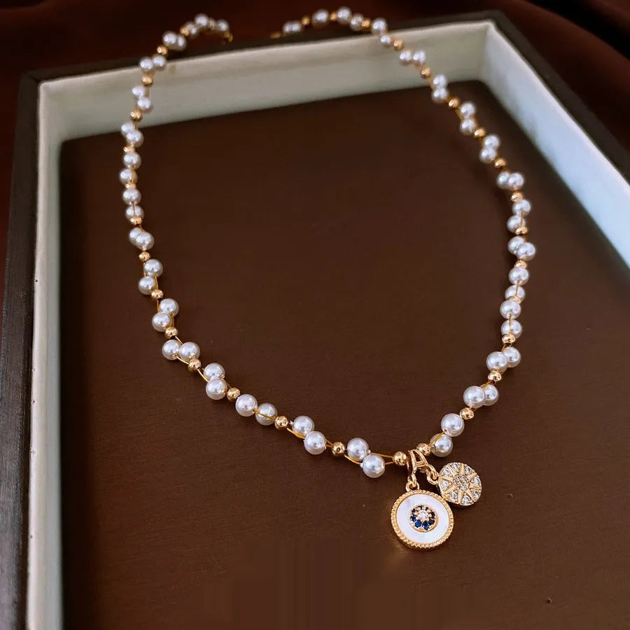 Golden white real gold electroplated zircon pearl round pendant necklace on clavicle chain