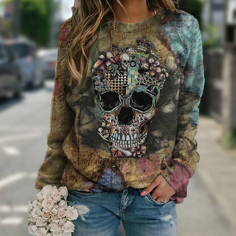 Black long sleeve sweatshirt with a skull print graphic, shown on a model.