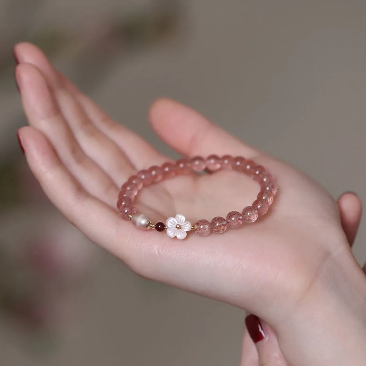 Clear crystal bracelet with floral peach blossom charm for women's casual jewellery