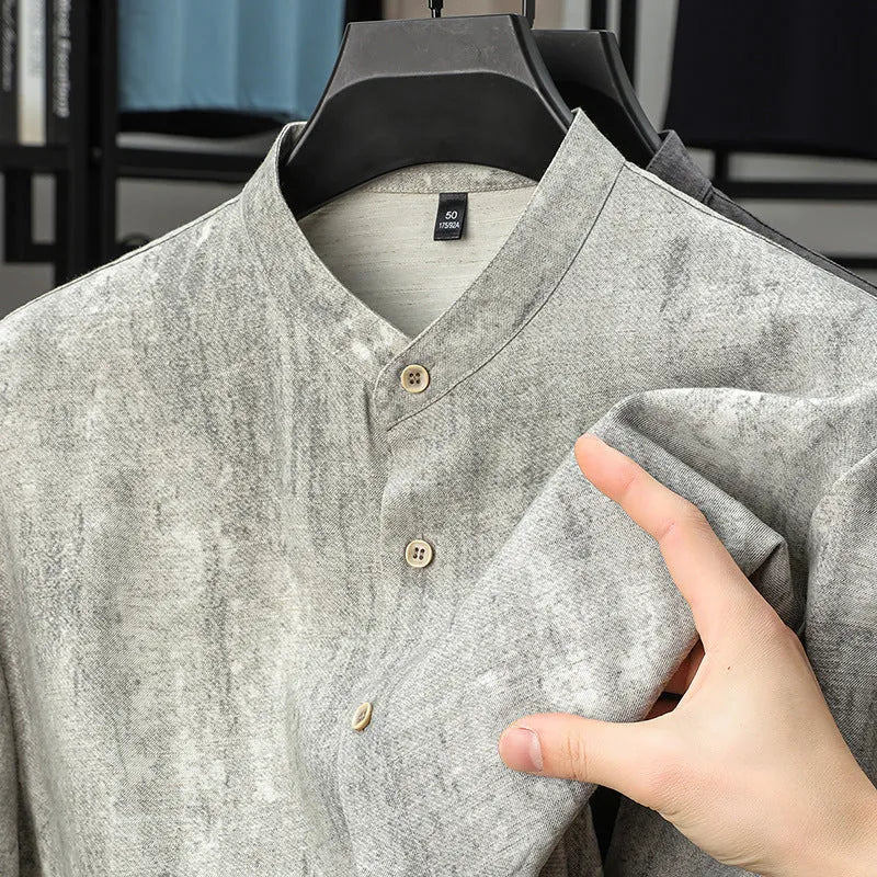 Men's linen-style loose cardigan shirt in solid colour with stand collar