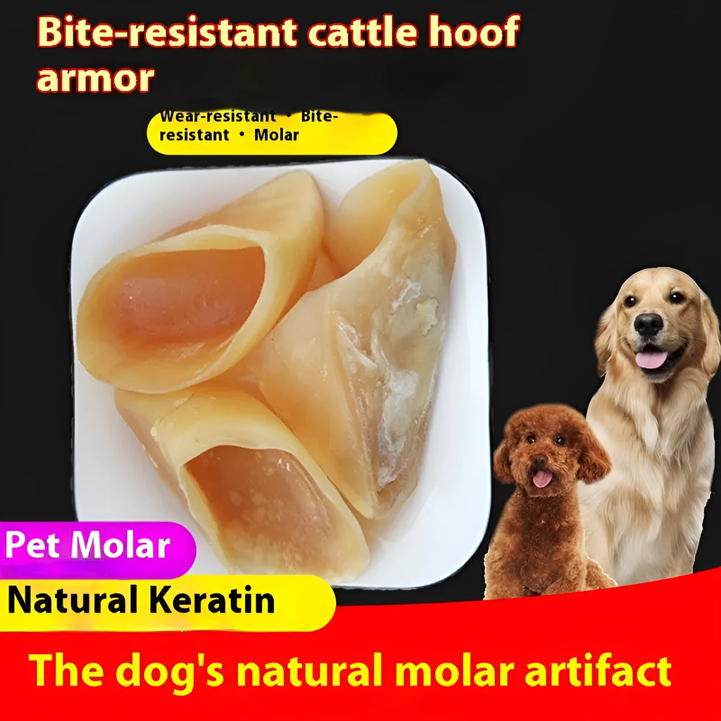 Natural cowhide dog chew rod in hoof shell colour, shown next to small and large size indicators.
