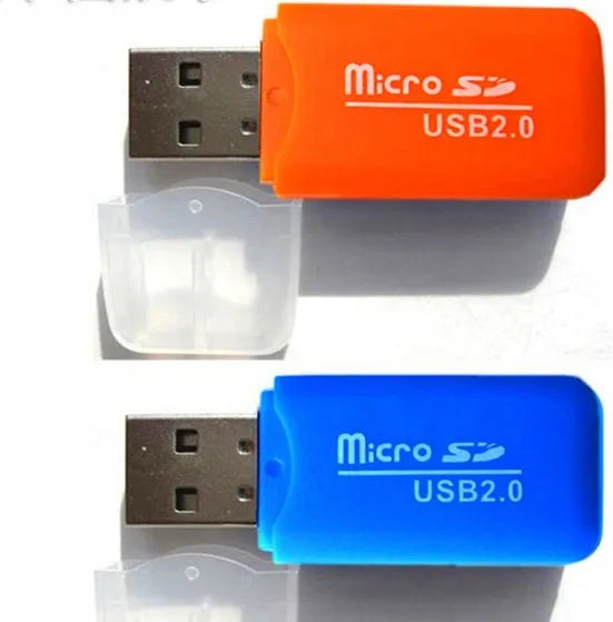 Mini USB TF Card Reader with integrated USB plug and included SD card transfer adapter.