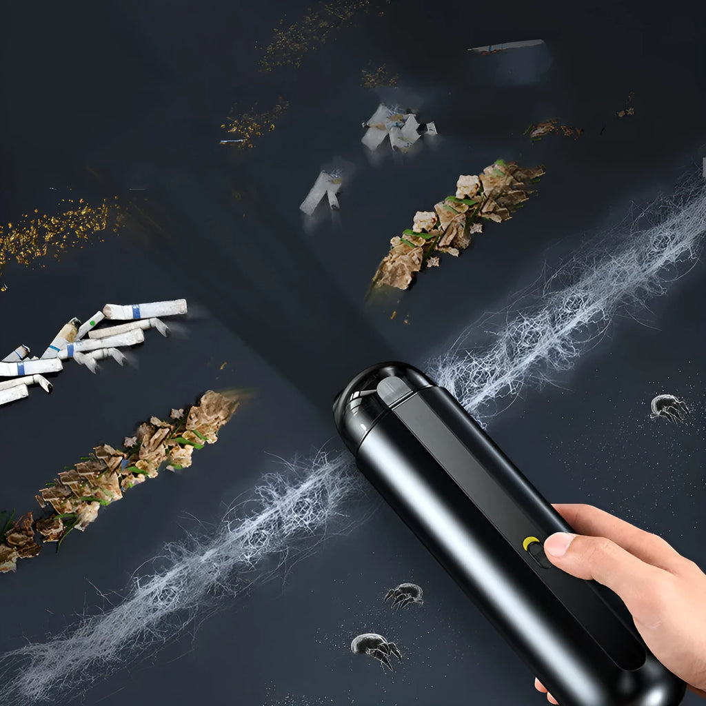 BASEUS wireless handheld car vacuum cleaner in black, white, or green with suction and blowing hose.