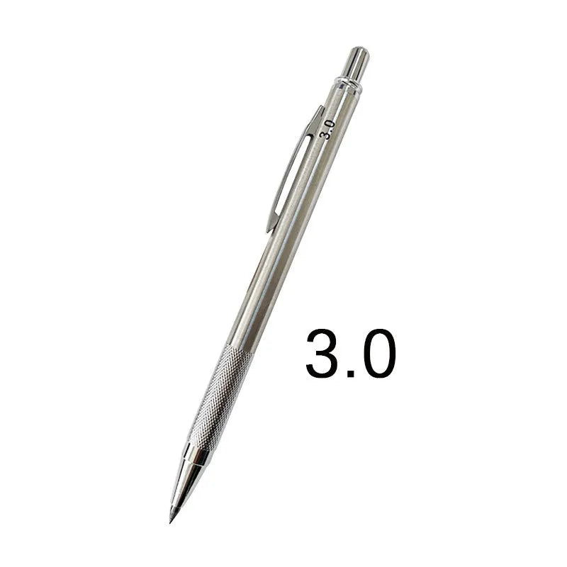 Metal automatic mechanical pencil shown with selection of compatible lead sizes including 0.5mm and 2.0mm.