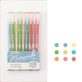 Set of nine retro-style Japanese gel pens with needle tips, shown in a choice of four colour series.