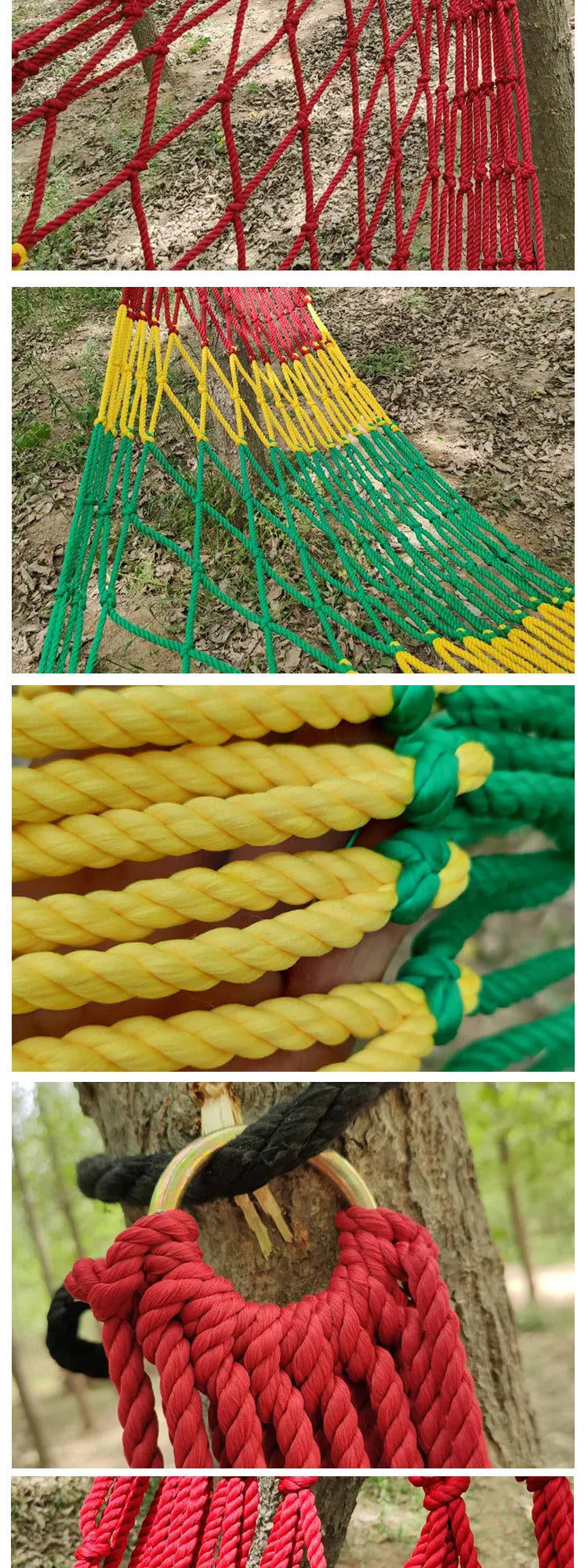 Nylon rope mesh hammock hung between two trees with tying rope visible