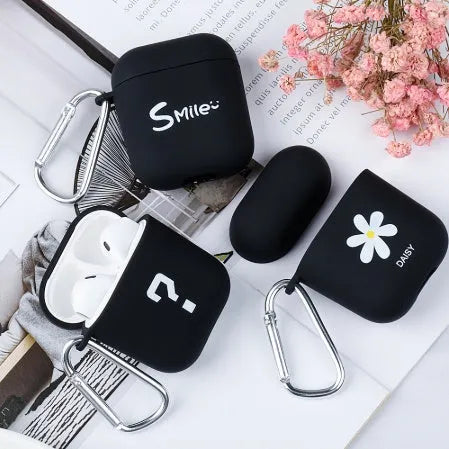 AirPods protective cover case with decorative sticker in black or pink colours
