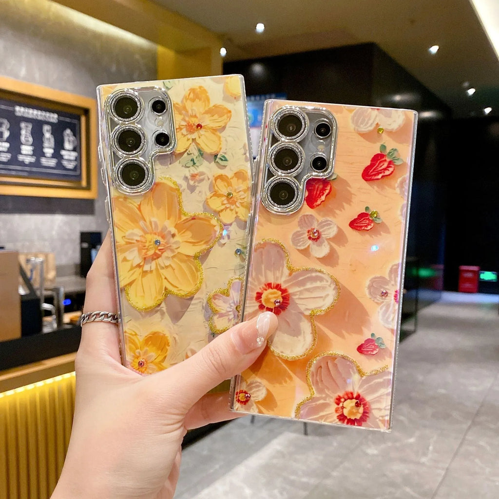 Luxury rhinestone oil painting flower phone case for Samsung with electroplating finish in blue on white background pattern