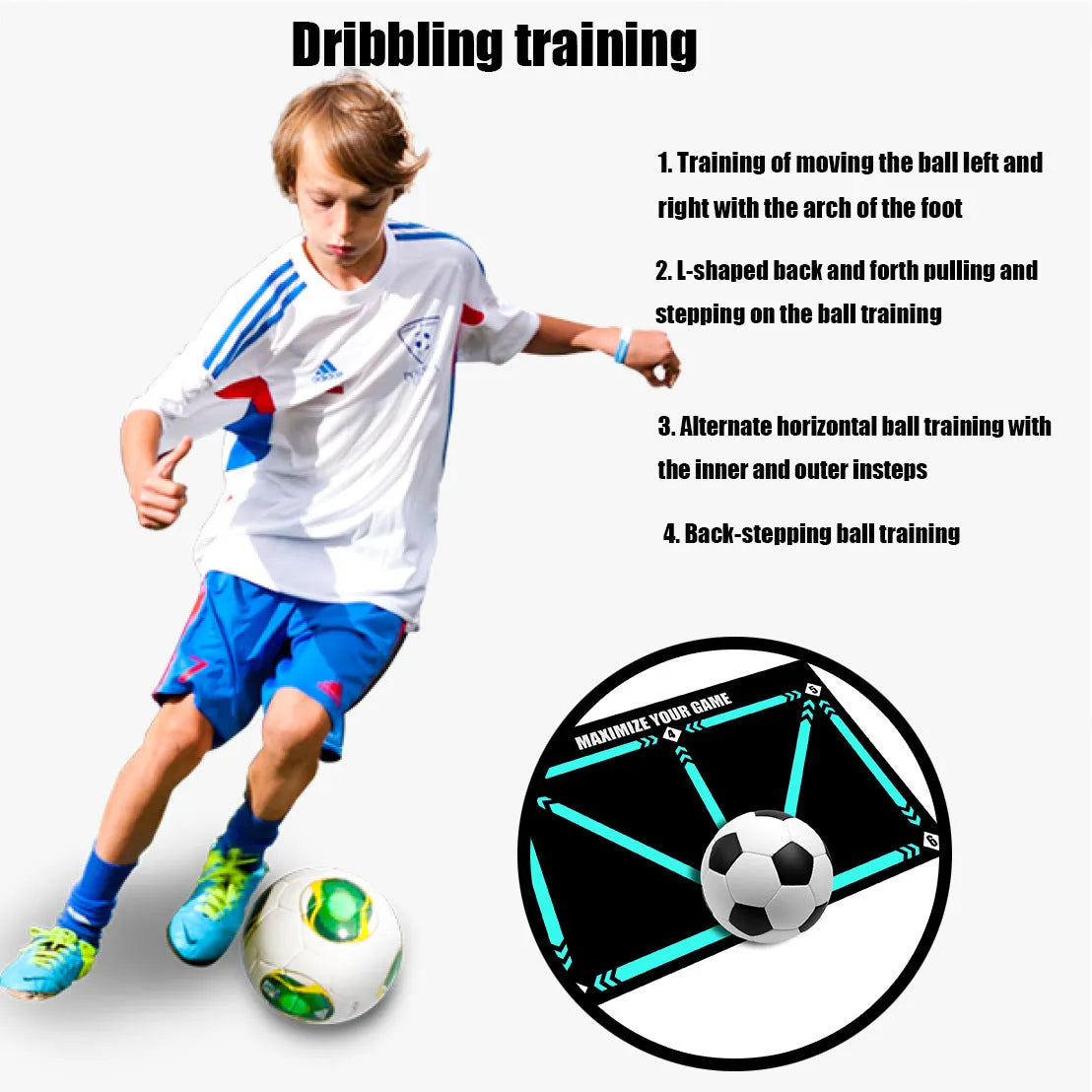 Black 60x90cm football training mat on a flat surface