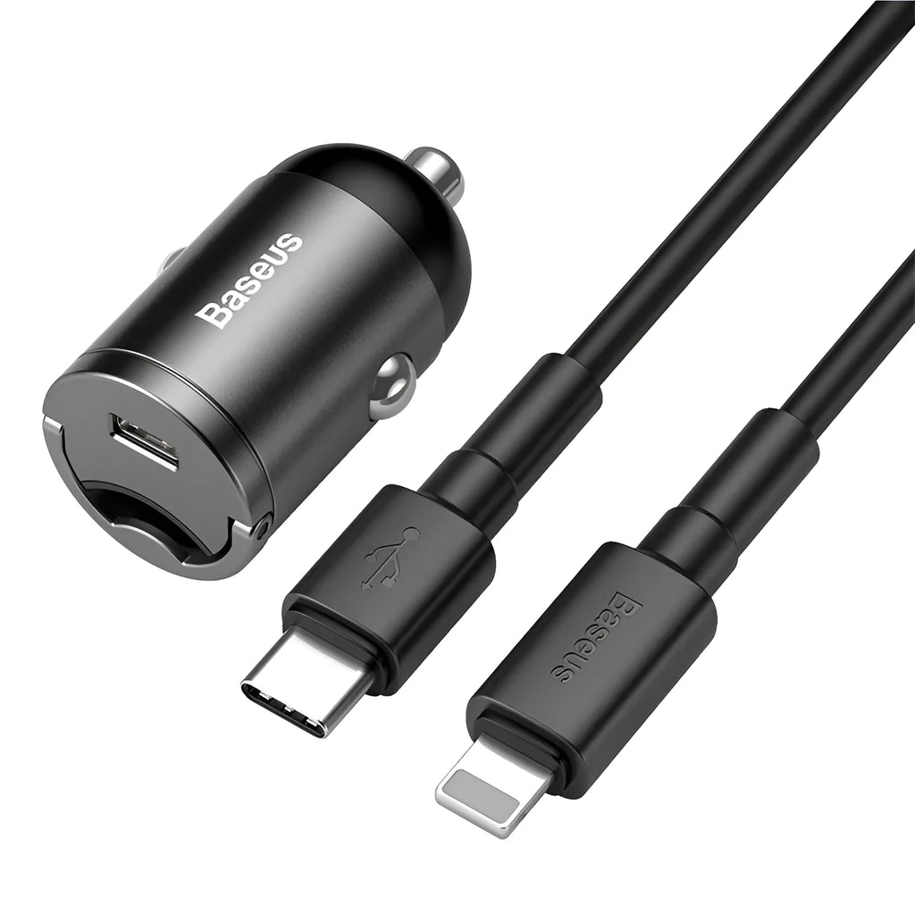Baseus electro-optical grey 30W PPS fast car charger with 1-metre USB cable