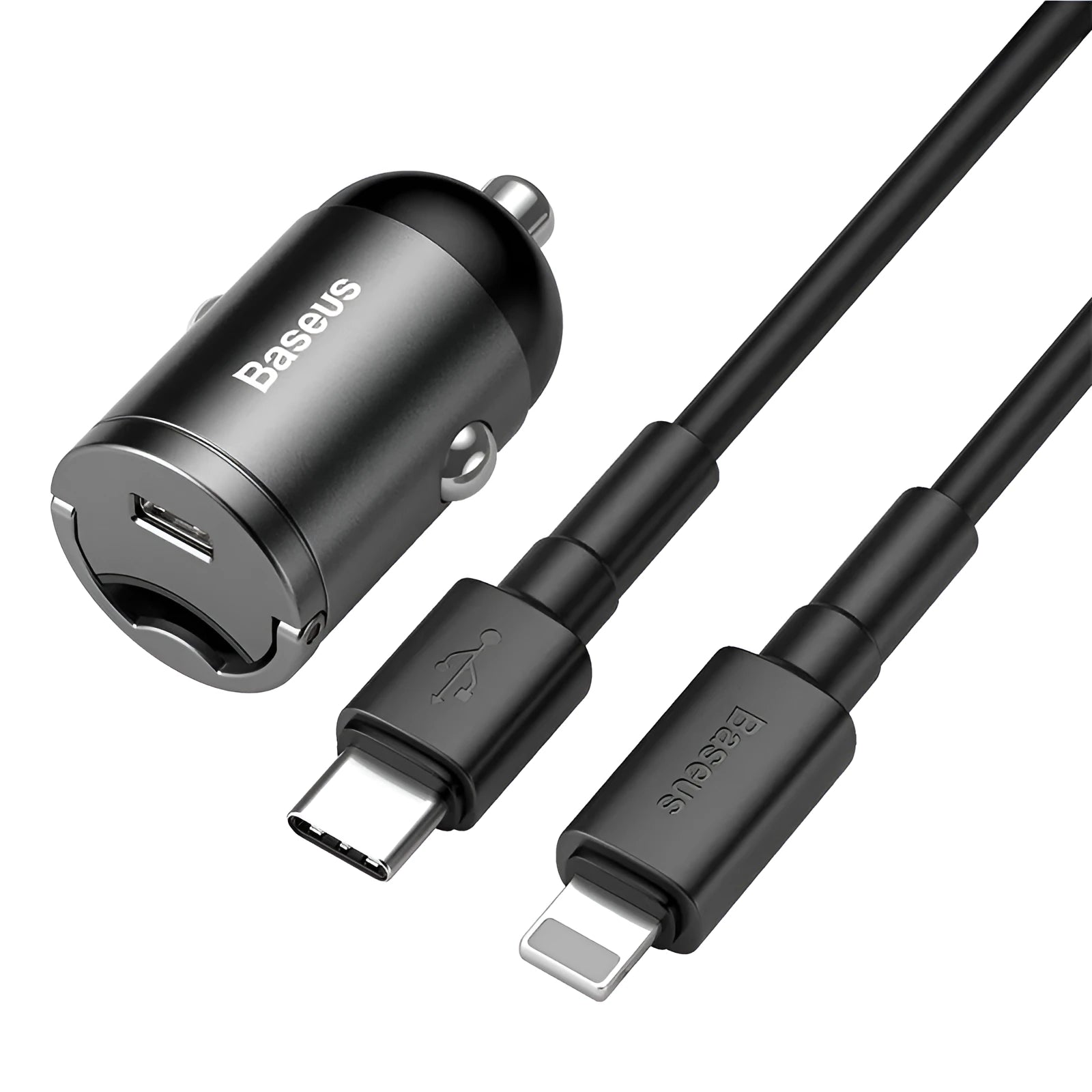 Baseus electro-optical grey 30W PPS fast car charger with 1-metre USB cable