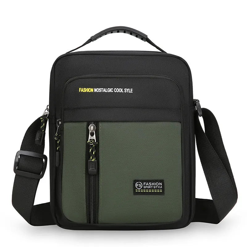 Men's nylon crossbody messenger bag shown in available colours: green, gray, black, and blue.