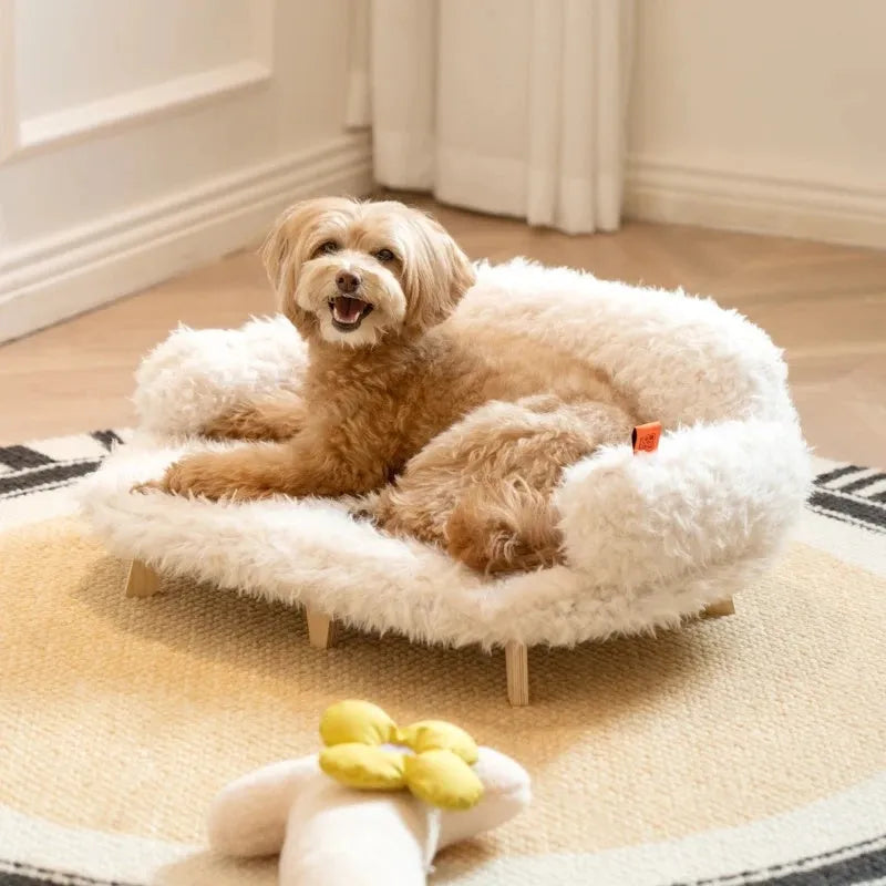 Wooden pet bed kennel for dogs and cats with multi-layer plywood frame and brown velvet in a home setting