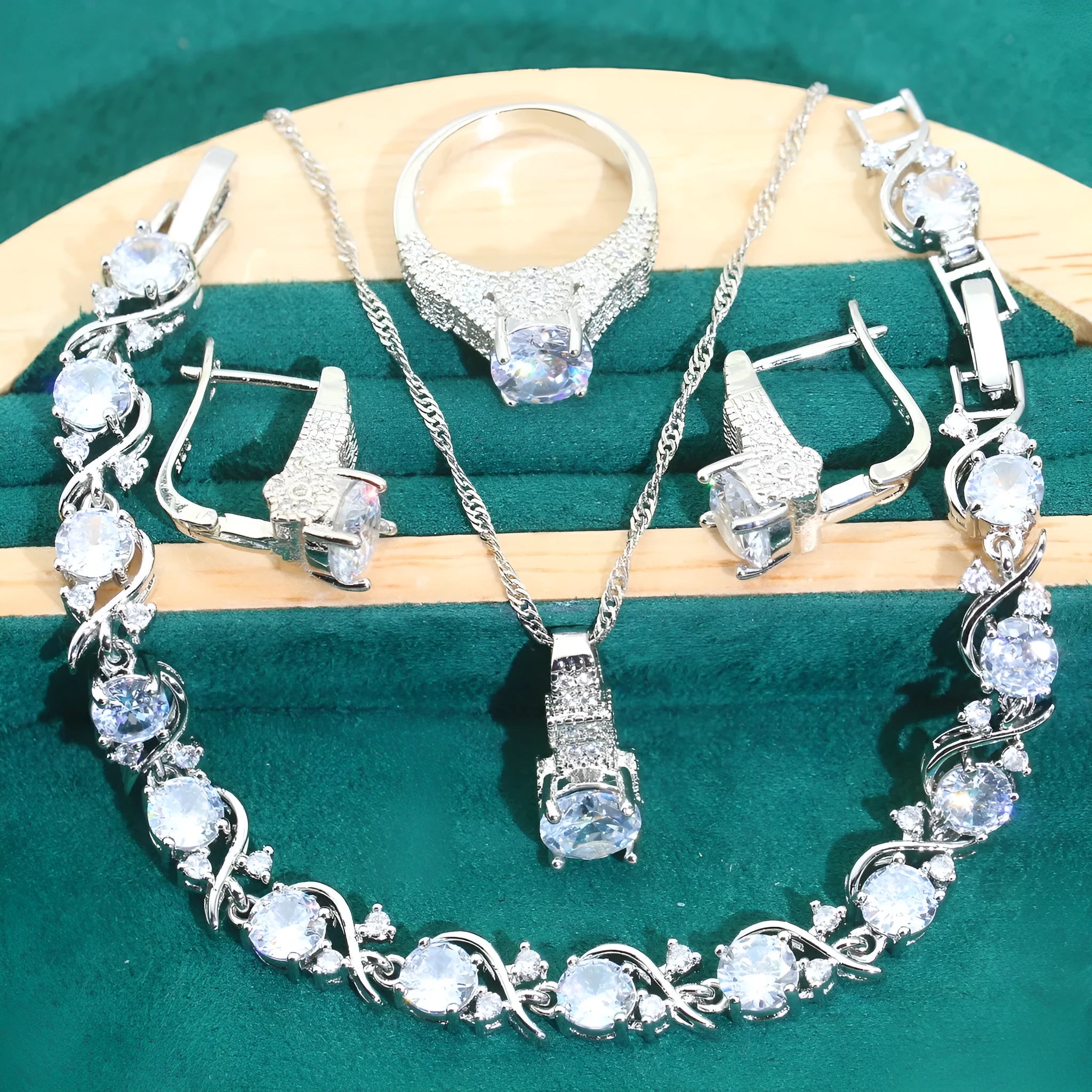 Bridal zircon jewellery set with necklace, earrings, ring and bracelet in multiple colour options