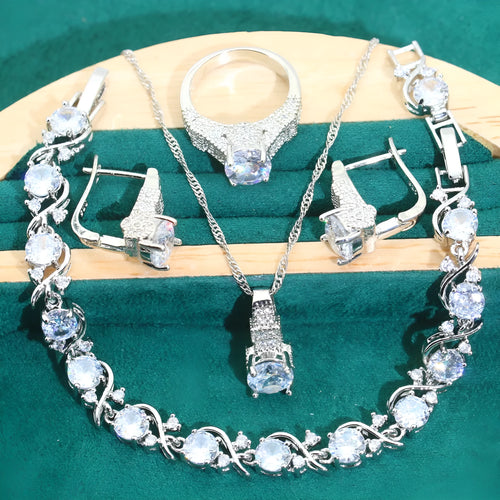Bridal zircon jewellery set with necklace, earrings, ring and bracelet in multiple colour options