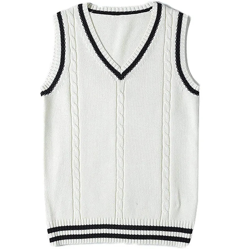 Women's slim fit V-neck knitted waistcoat sweater with striped stitching in acrylic fabric.