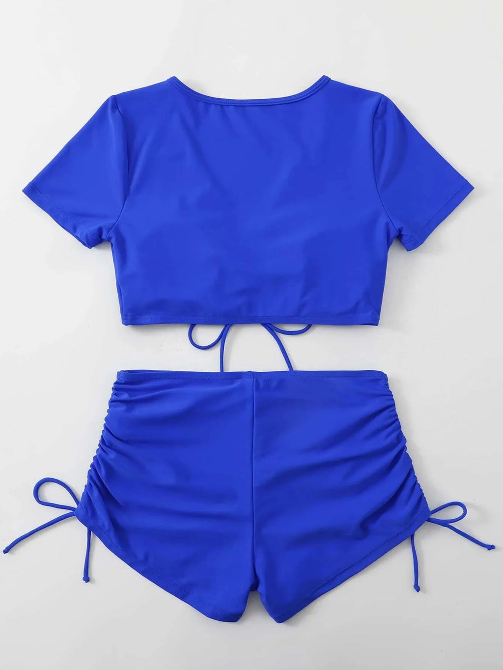 Lady's lace-up bow swimsuit set with separate top and shorts in dark green colour