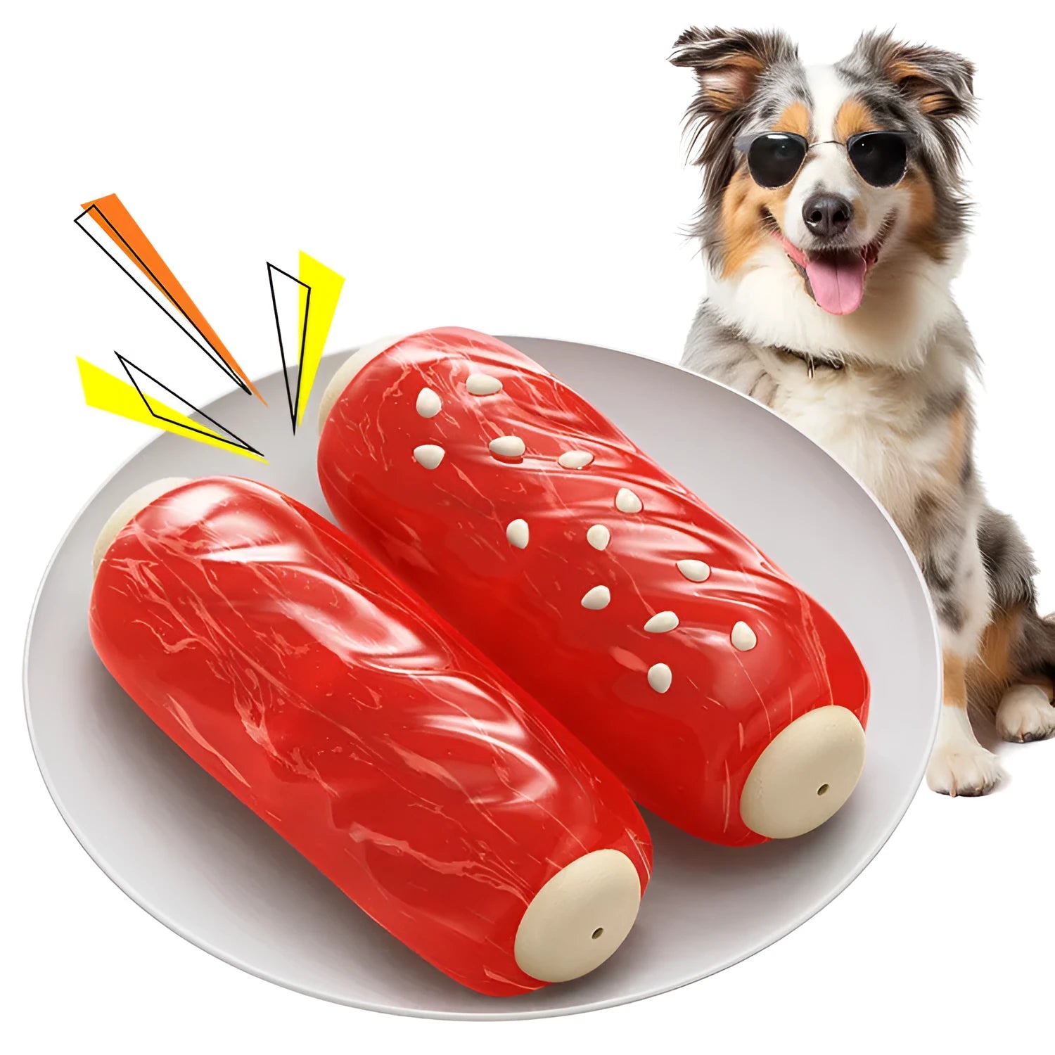 Primary colour plastic molar rod dog chew toy for dental health and interactive play.