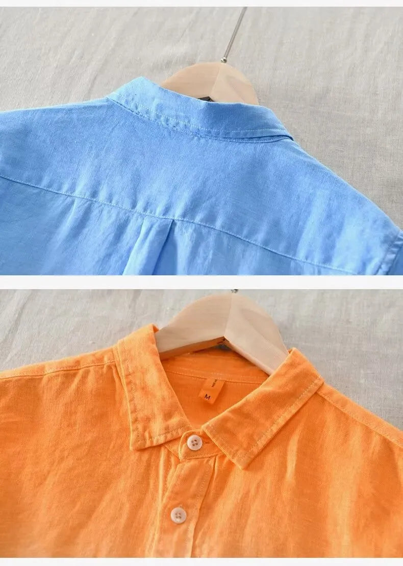 Casual loose top coat in hemp polyester blend fabric available in dark blue, light blue and yellow colours