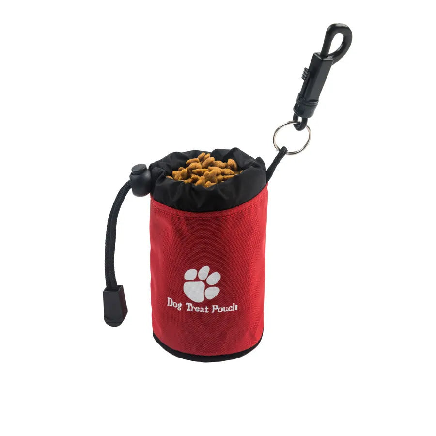 Mini pet snack training bag in blue Nylon with a dog food pack.