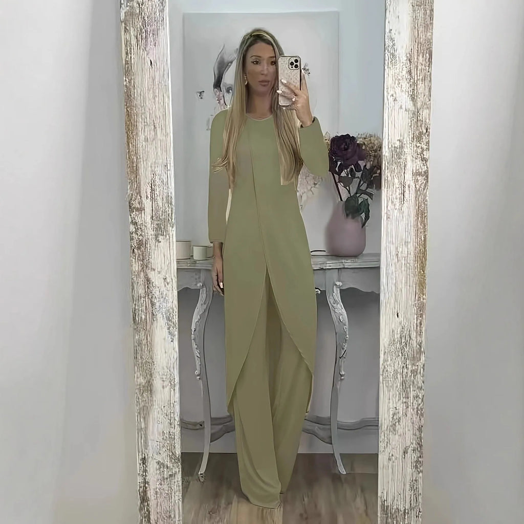 A loose-fitting long sleeve two-piece lounge set in polyester, shown in black, blue, and khaki colour options.