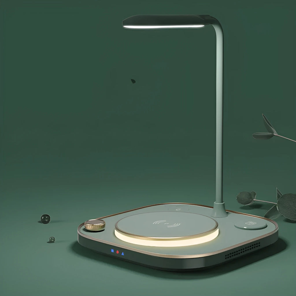 Black wireless charging desk lamp with 15W fast charging capability showing multiple device charging