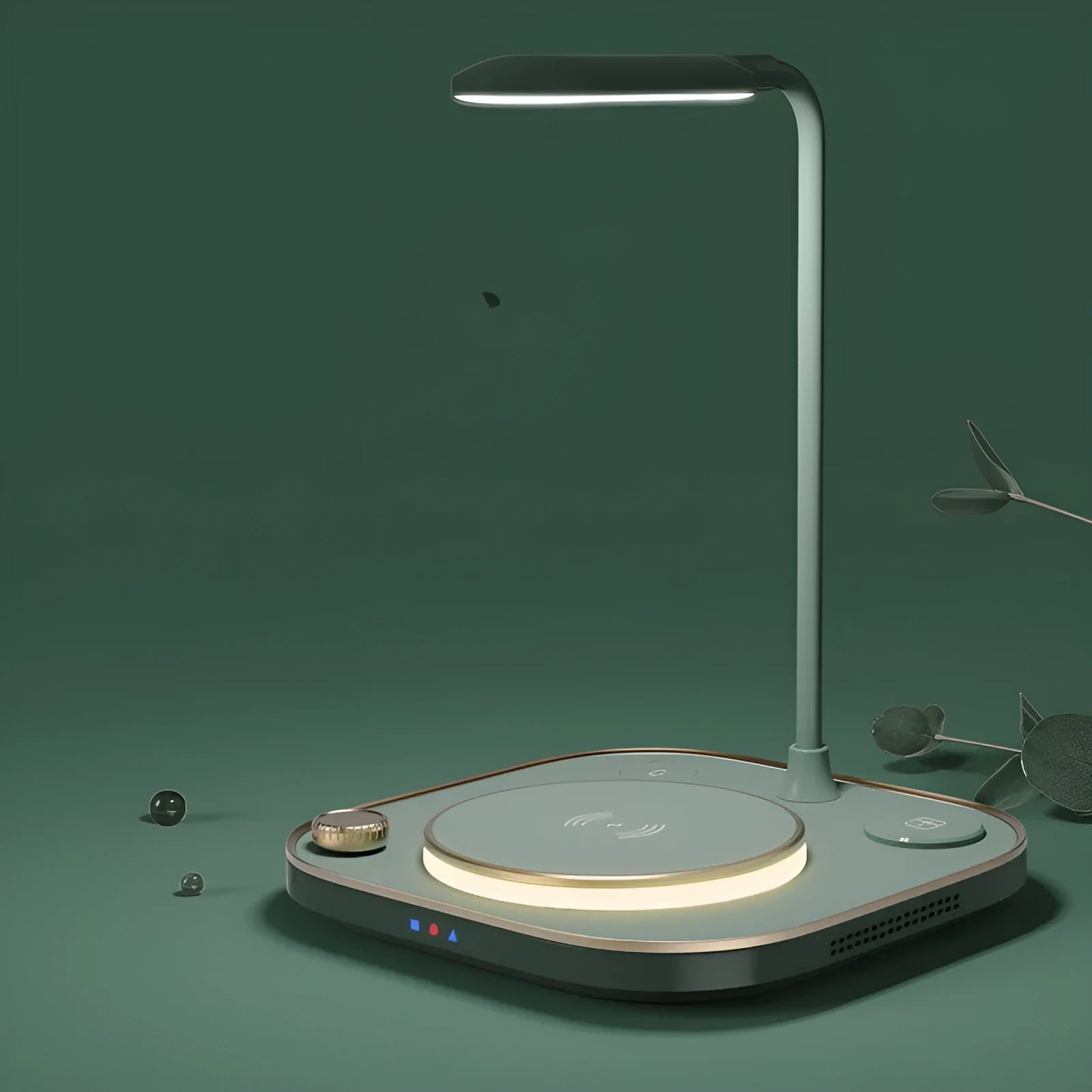 Black wireless charging desk lamp with 15W fast charging capability showing multiple device charging