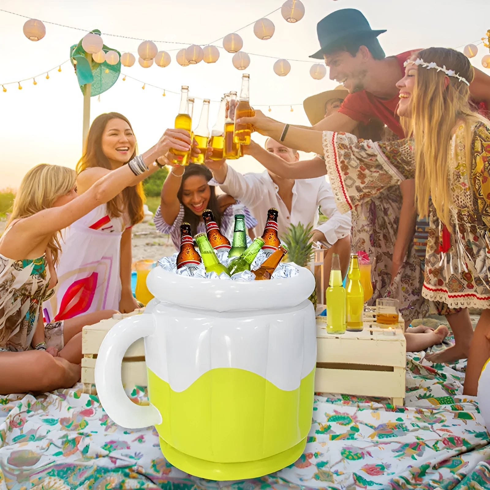 Yellow inflatable PVC ice bucket designed for cooling beer steins at outdoor events.