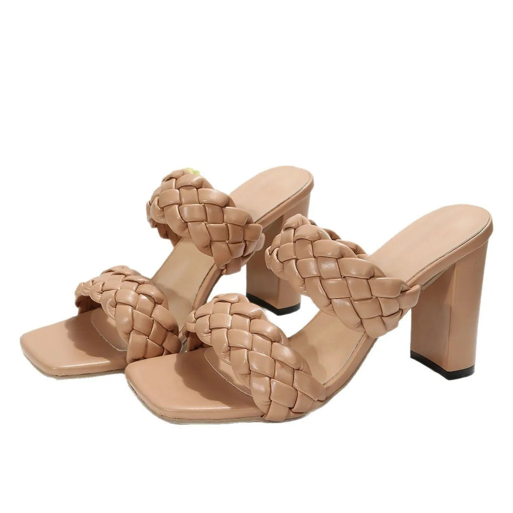 Square toe flip-flops with chunky heel and twisted woven design in apricot colour
