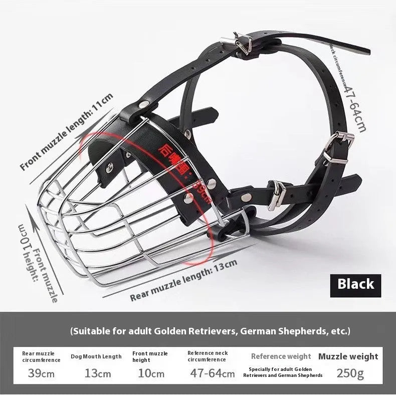 Black metal basket-style dog muzzle sized for a Golden Retriever or German Shepherd.