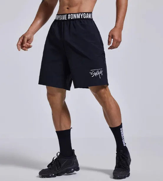 Men's black loose sports shorts with elastic waistband for workout and running