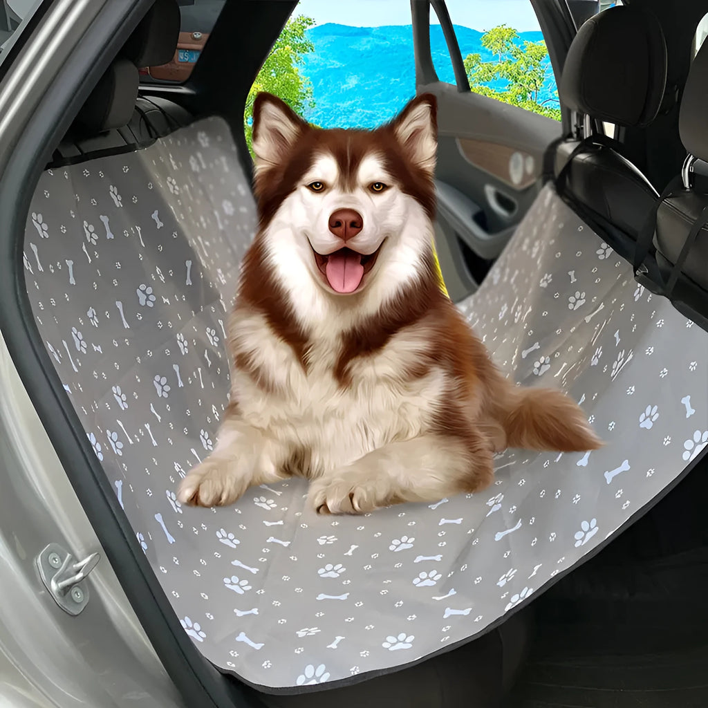 Waterproof cloth car pet mat for rear seat with dog bone print design on a grey background.