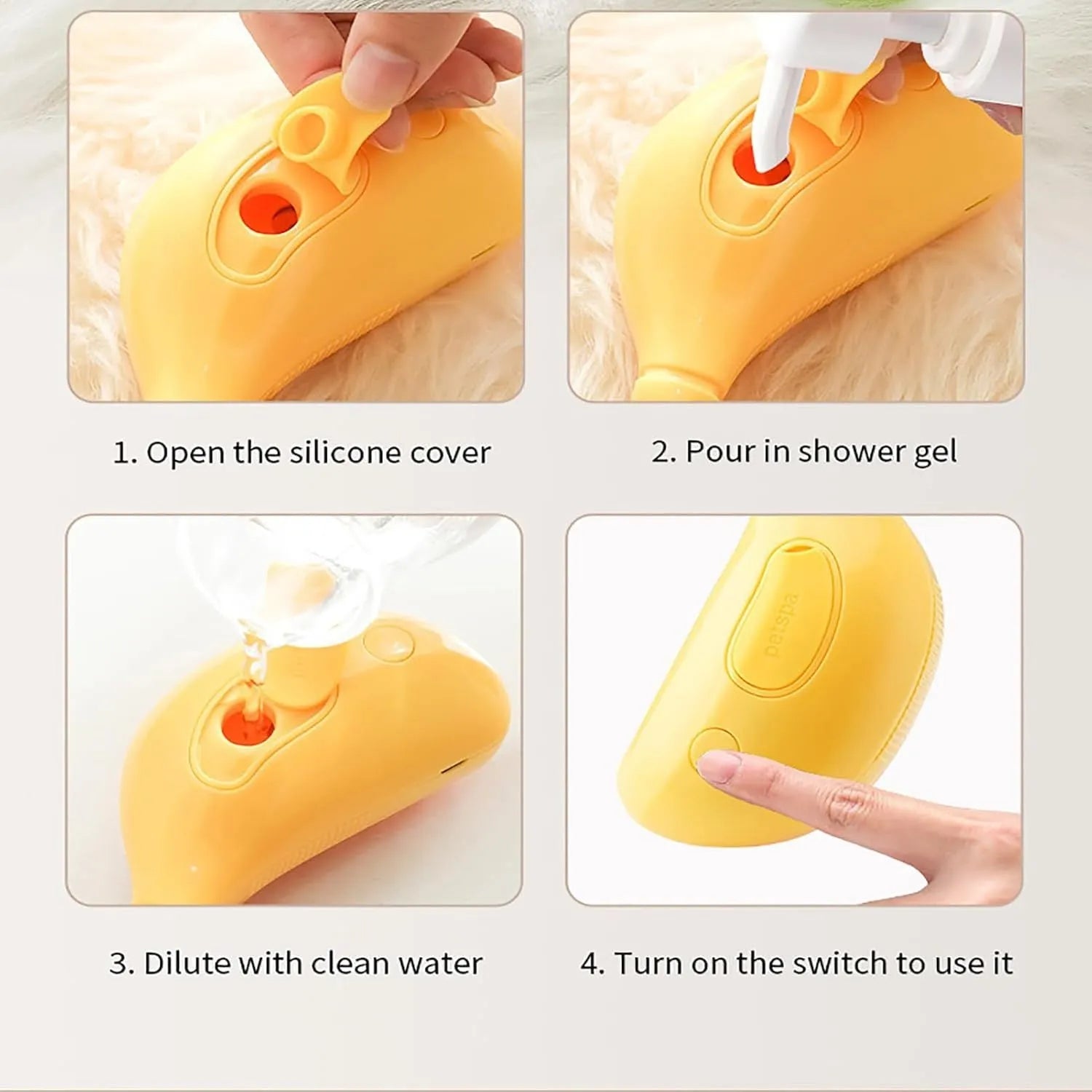 Green rechargeable cat grooming brush with silicone bristles showing round teeth and cat paw shaped ends