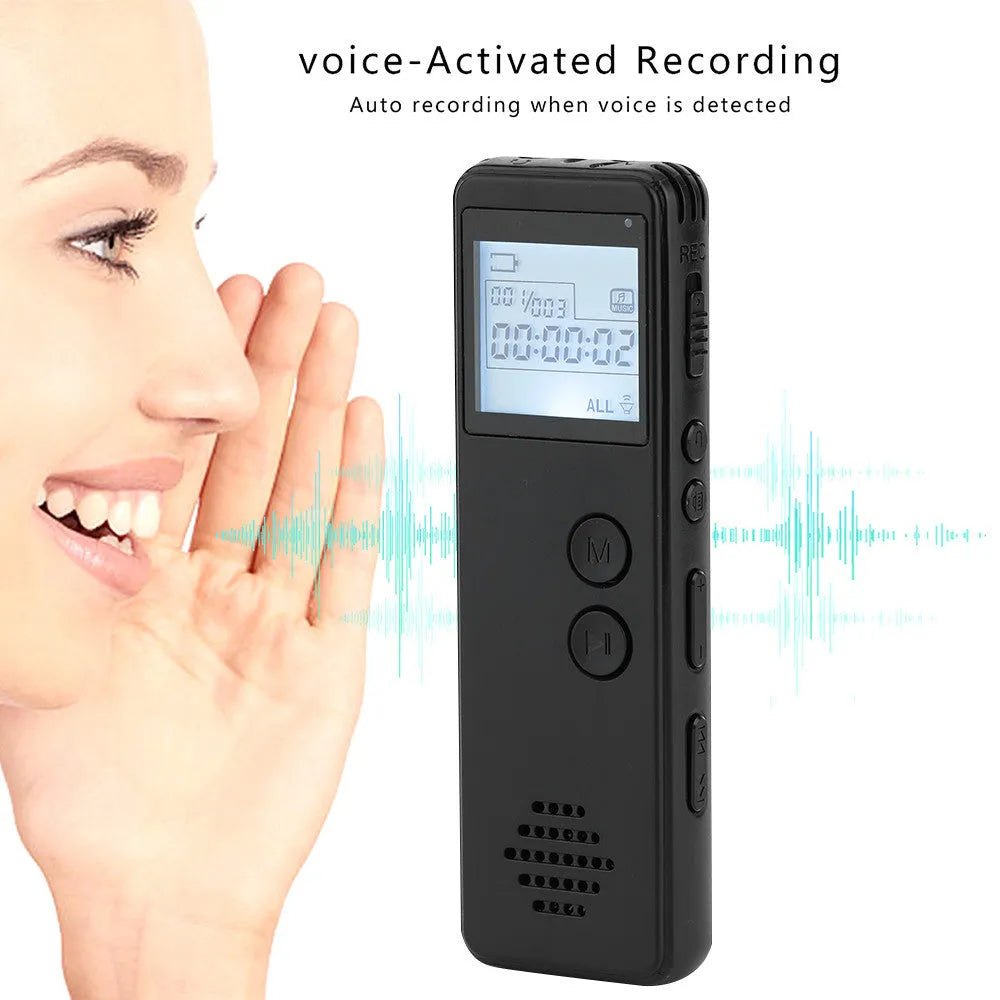Black digital voice recorder with dot matrix screen showing recording time.