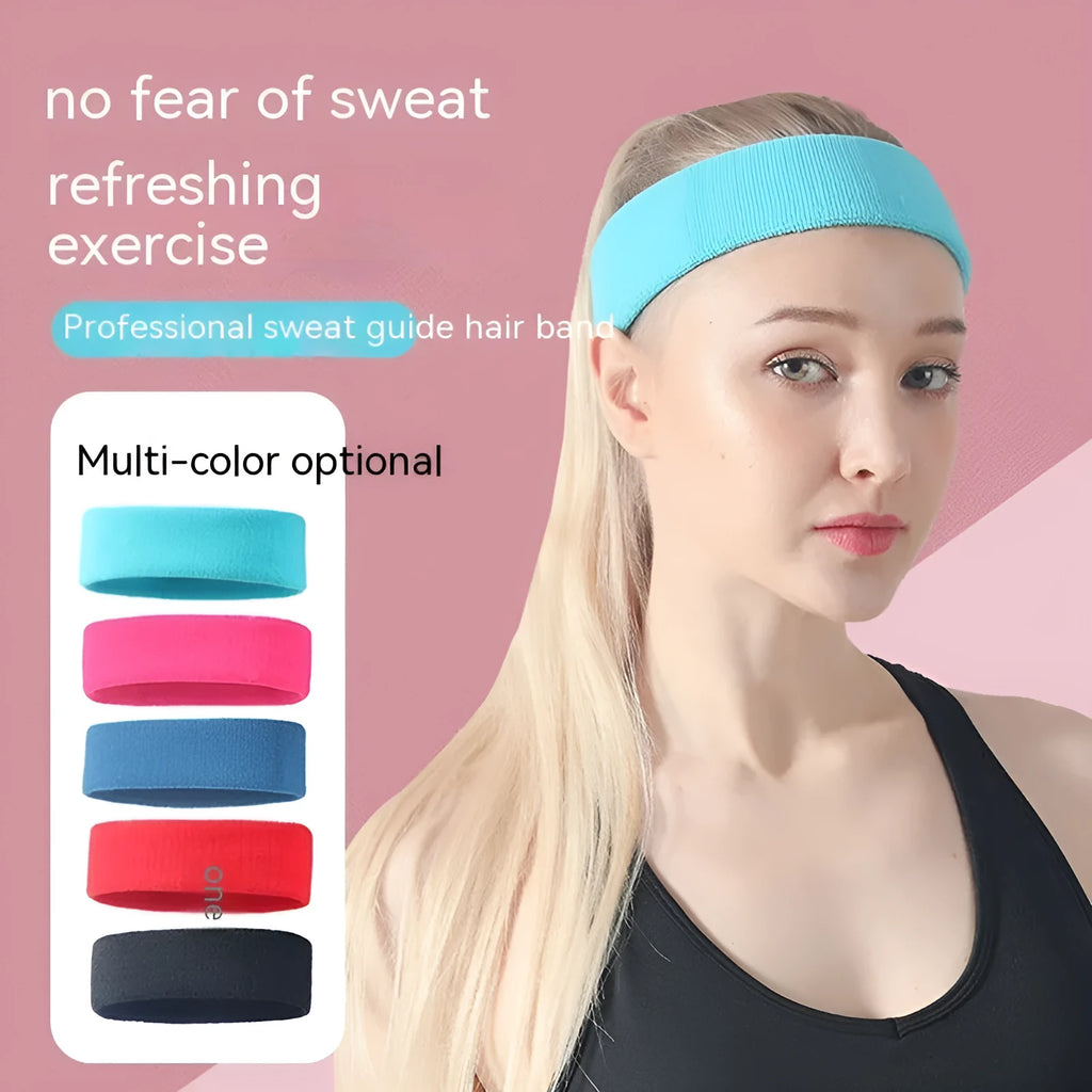 Solid colour sports anti sweat band with elastic widening design shown in black, red, blue, rose red, and sky blue.