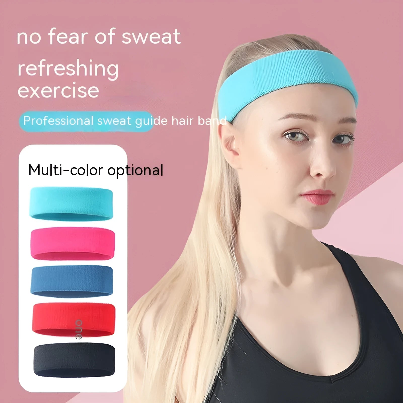 Solid colour sports anti sweat band with elastic widening design shown in black, red, blue, rose red, and sky blue.