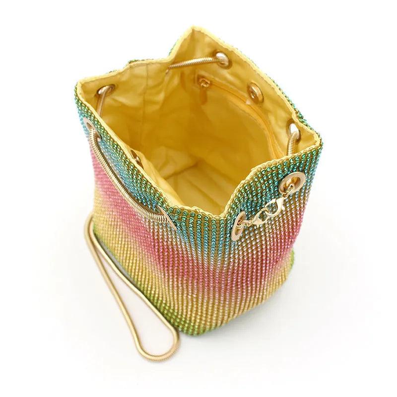 Rainbow coloured rhinestone sparkling soft fabric bucket bag with crossbody strap