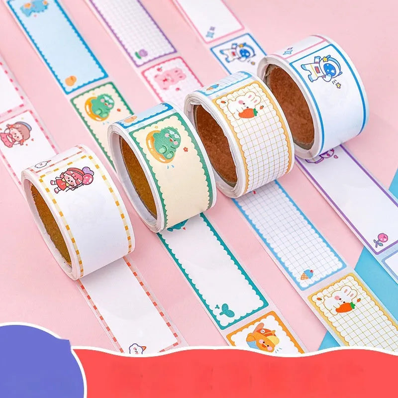 Roll of cartoon name tape stickers showing dinosaur, astronaut, rabbit and girl theme designs