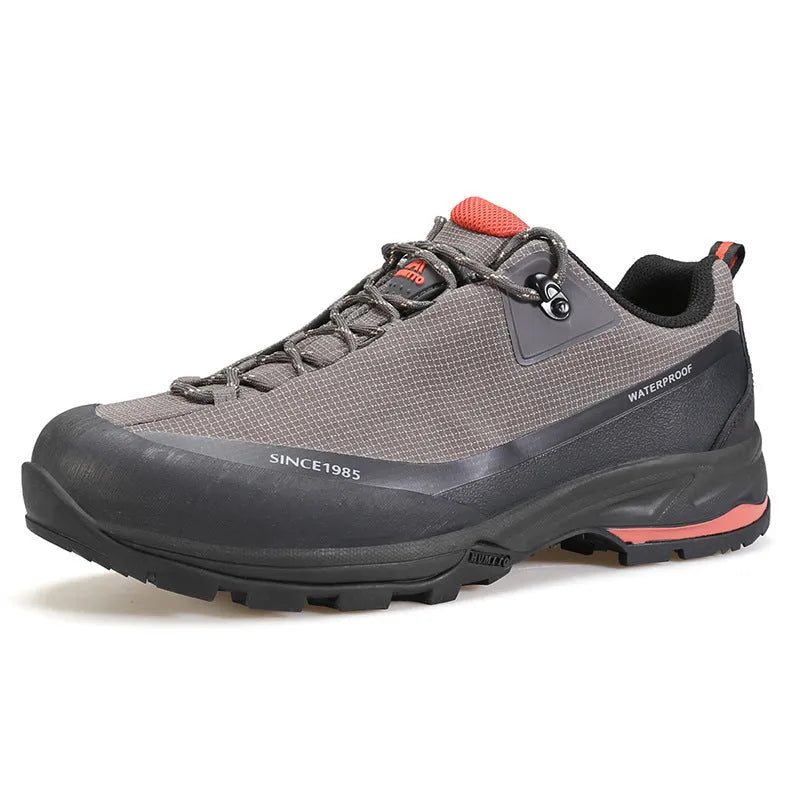 Men's low-top mountain climbing shoes in black with non-slip rubber outsole and lace-up design