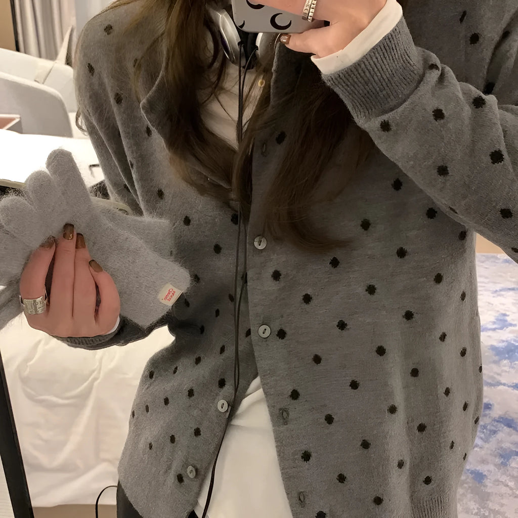 Women's Korean-inspired grey dot pattern knitted cardigan with crocheted flower details and long sleeves